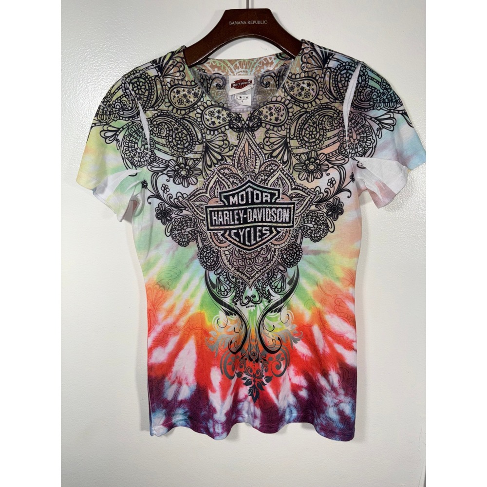 Vtg Harley Davidson T-Shirt Womens Sz S Multicolor Tie Dye Paisley Graphic Tee